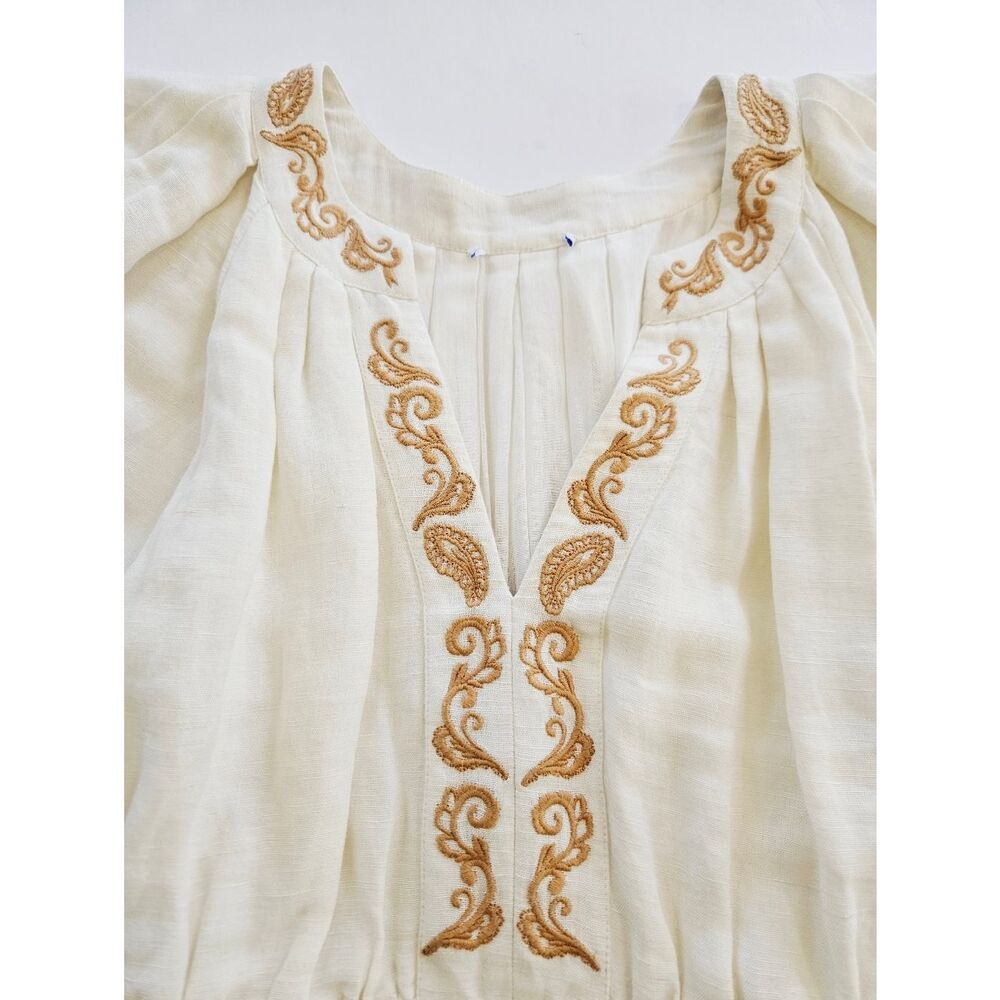 Cartolina Lizette Linen Blend Embroidered Belted Puff Sleeve Ivory Midi Dress M - Picture 9 of 16